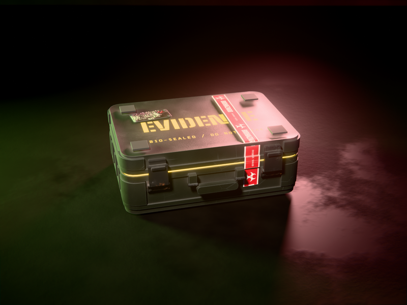Rugged sealed evidence case with red biohazard seal tape across the lid, a stamped case-file tag and faint amber light leaking from the seam